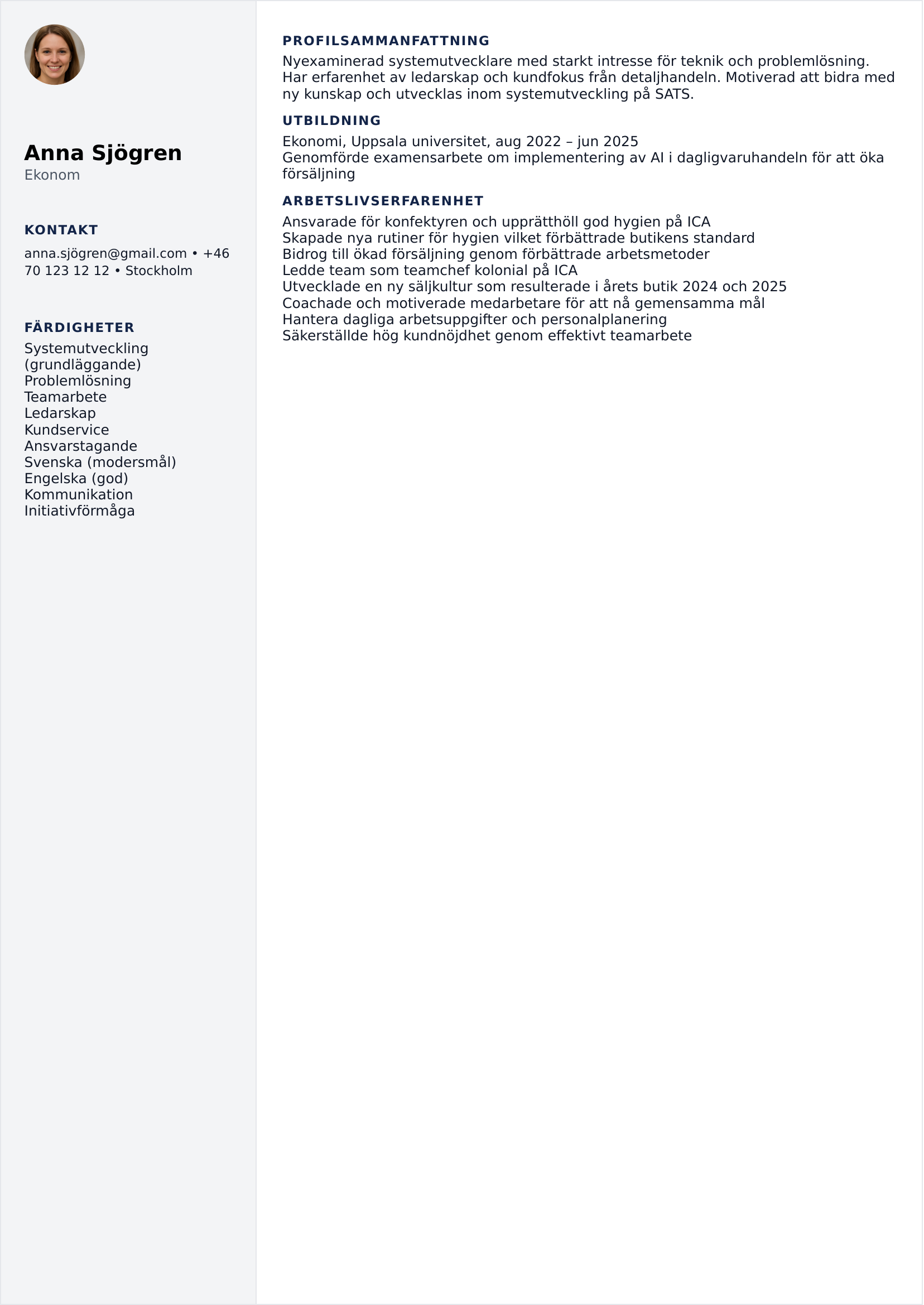 CV mall Sidokolumn – kontakt och färdigheter i sidokolumn